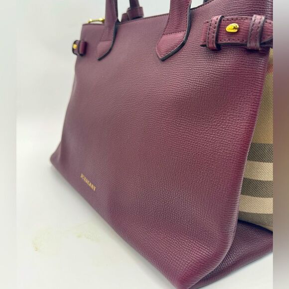 Auth Burberry Elderberry Leather Nova Check Medium Banner Tote Bag Preloved Ex++ - Picture 7 of 16
